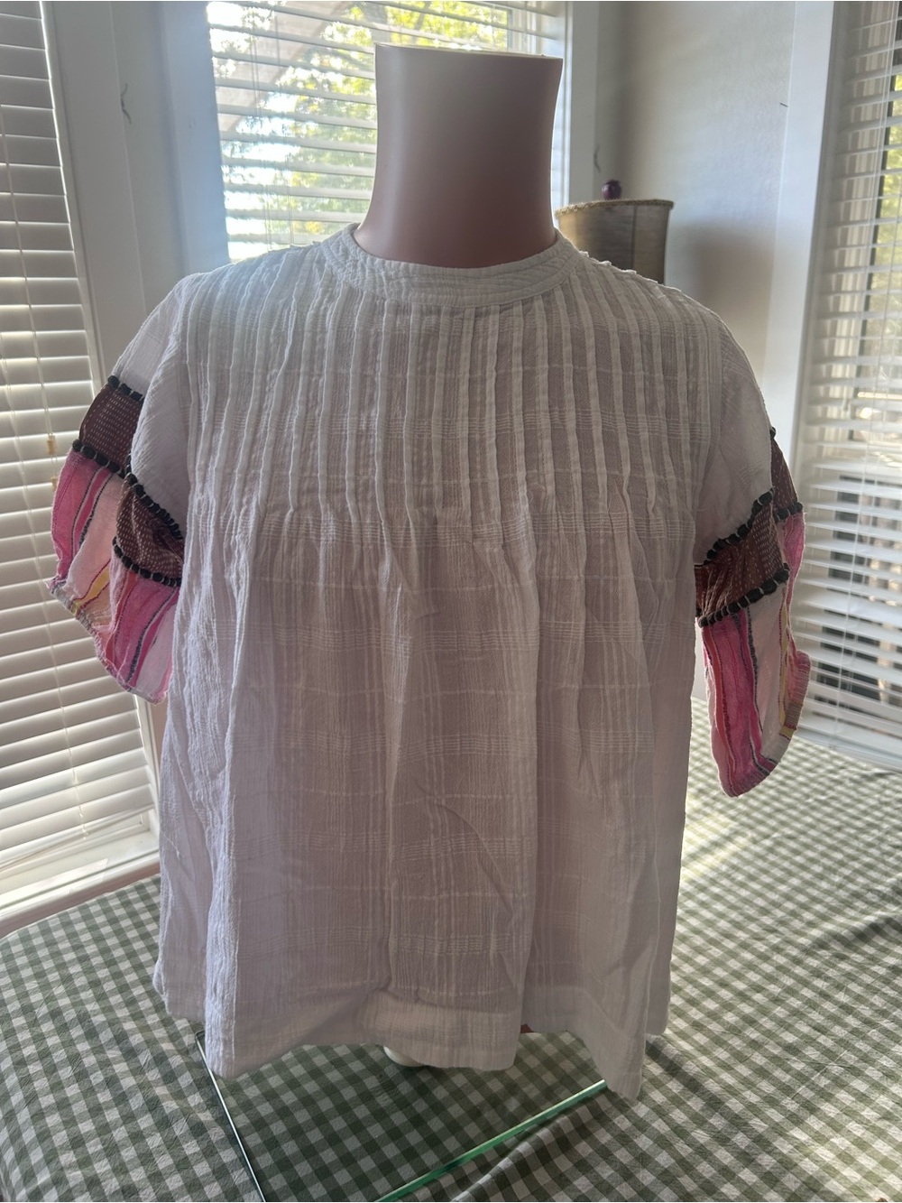THML White Pintuck Tunic with Pink Stripe Sleeve Accents